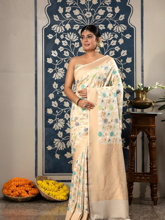 Handloom Banarasi Meenakari Jaal In Pure Munga Silk-Off White