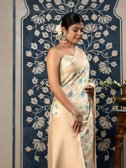 Handloom Banarasi Meenakari Jaal In Pure Munga Silk-Off White