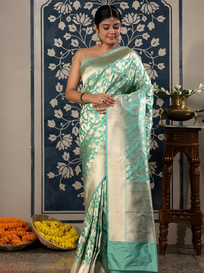 Handloom Banarasi Upada Jaal In Pure Kataan Silk-Blue