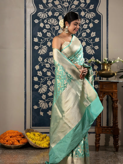 Handloom Banarasi Upada Jaal In Pure Kataan Silk-Blue