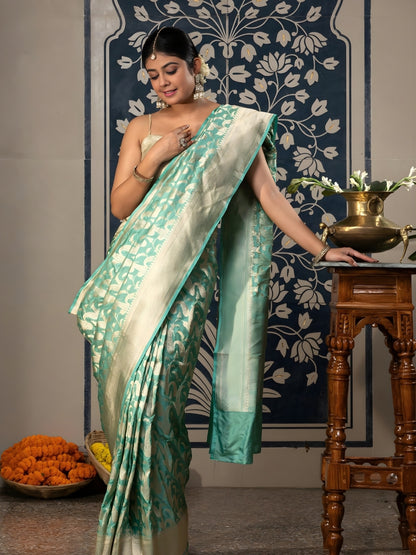 Handloom Banarasi Upada Jaal In Pure Kataan Silk-Blue