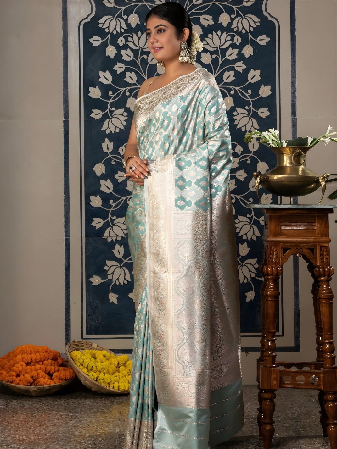Banarasi Rangkaat Weaving In Mashru Silk Fabric-Blue