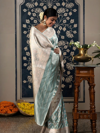 Banarasi Rangkaat Weaving In Mashru Silk Fabric-Blue