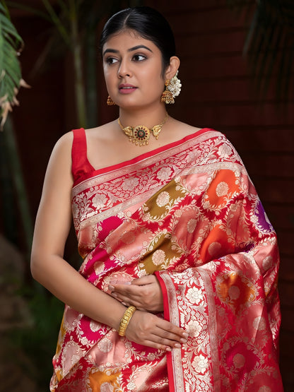 Handloom Banarasi Rangkaat Saree In Pure Kataan Silk Multi Color