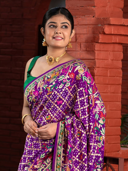 Khaddi Bandhej With Meenakari Border In Pure Georgette Fabric-Purple