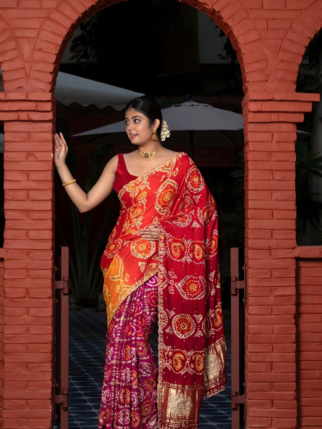 Multi Color Hand Bandhej In Pure Gajji Silk With Handwork-Multi Color