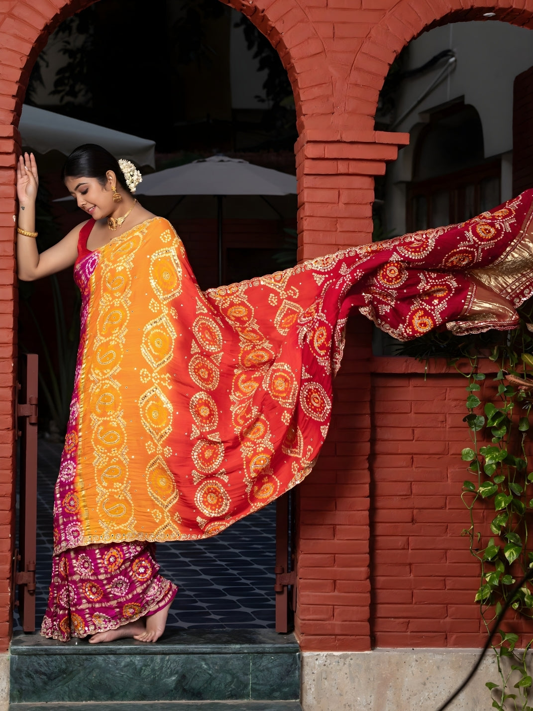 Multi Color Hand Bandhej In Pure Gajji Silk With Handwork-Multi Color