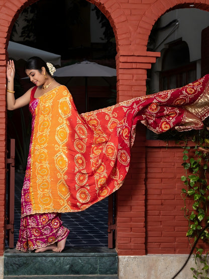 Multi Color Hand Bandhej In Pure Gajji Silk With Handwork-Multi Color