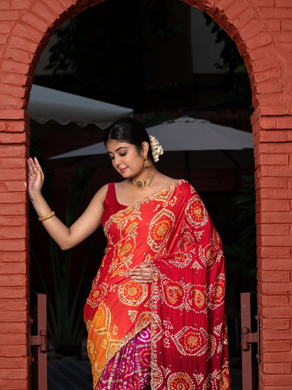 Multi Color Hand Bandhej In Pure Gajji Silk With Handwork-Multi Color