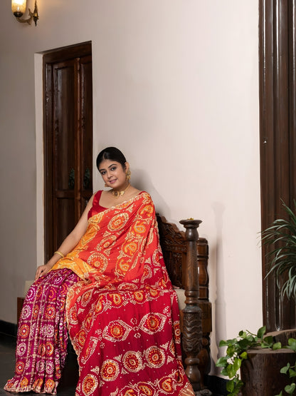 Multi Color Hand Bandhej In Pure Gajji Silk With Handwork-Multi Color