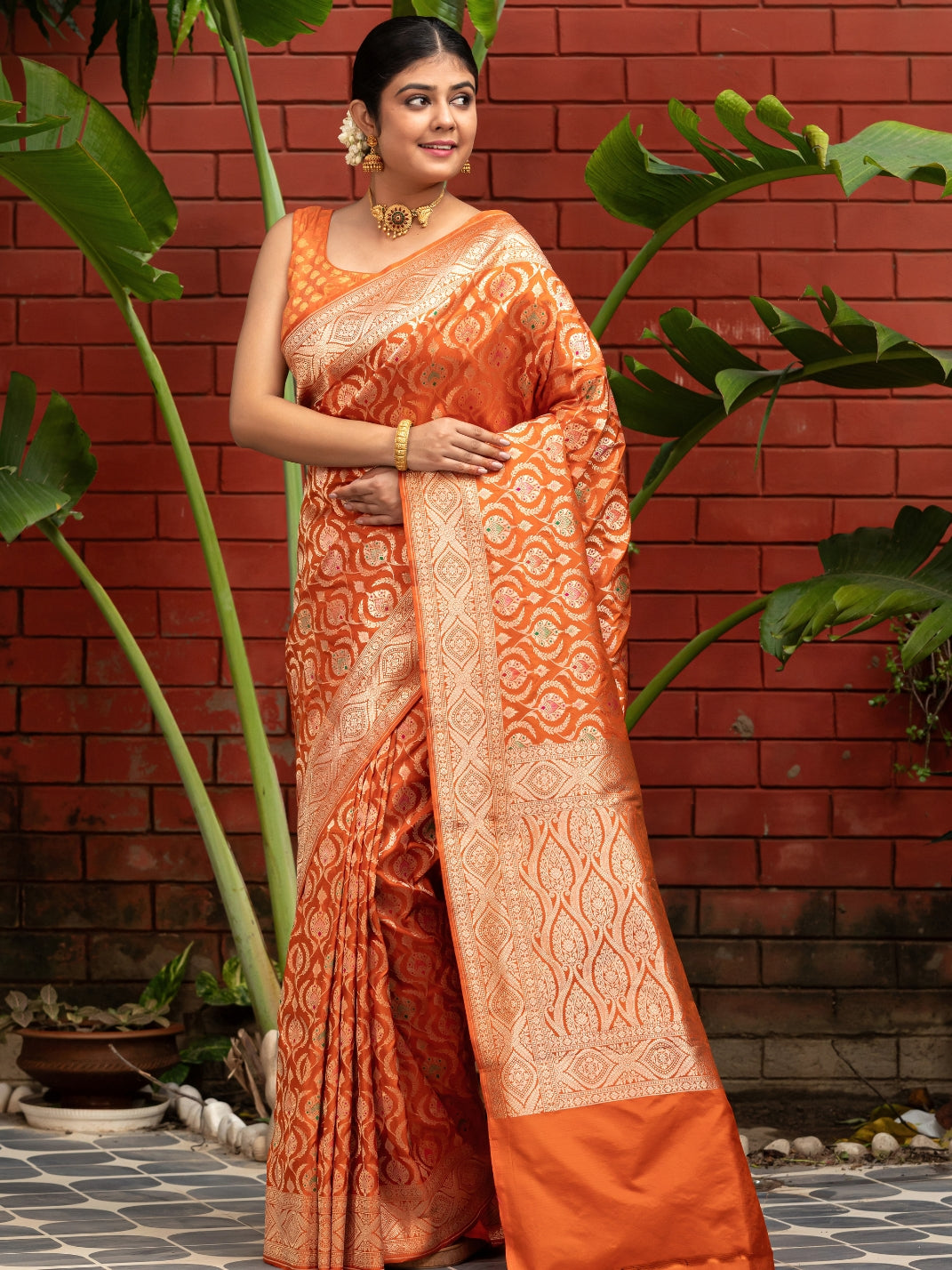 Handloom Banarasi Meenakari Jaal In Pure Katan Silk-Orange