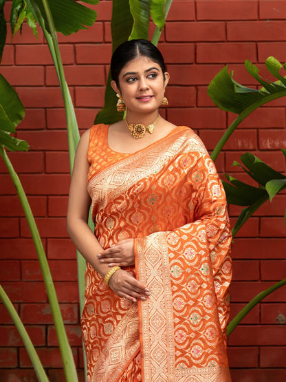 Handloom Banarasi Meenakari Jaal In Pure Katan Silk-Orange
