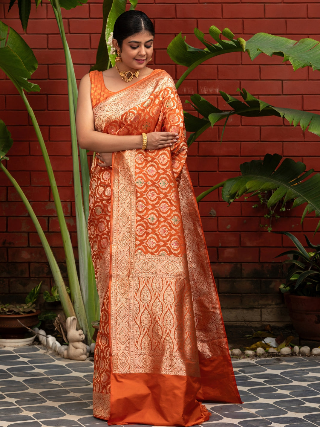 Handloom Banarasi Meenakari Jaal In Pure Katan Silk-Orange