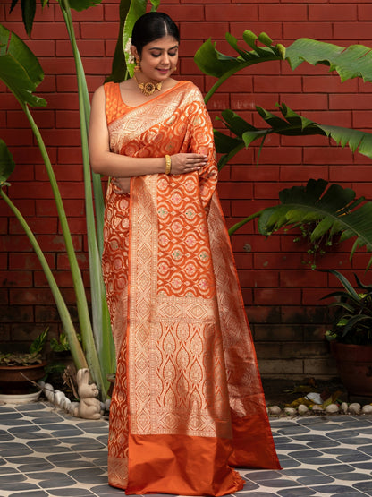 Handloom Banarasi Meenakari Jaal In Pure Katan Silk-Orange