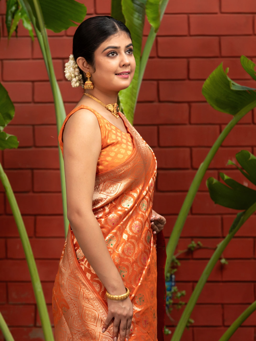 Handloom Banarasi Meenakari Jaal In Pure Katan Silk-Orange