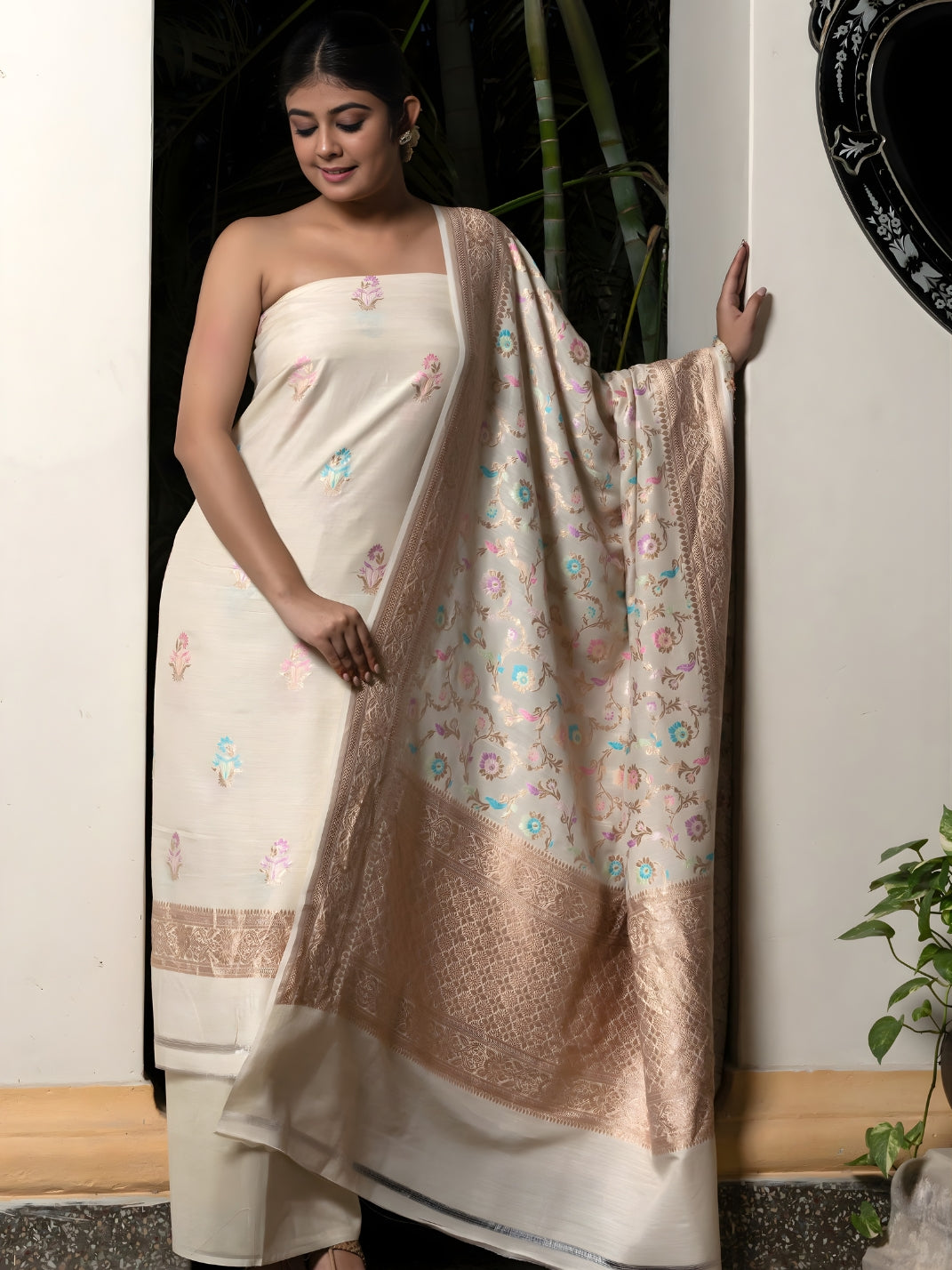 Tilfi Butti Hand Weaved Suit Fabric Along With Meenakari Jaal, Dupatta Nd Bottom Off White