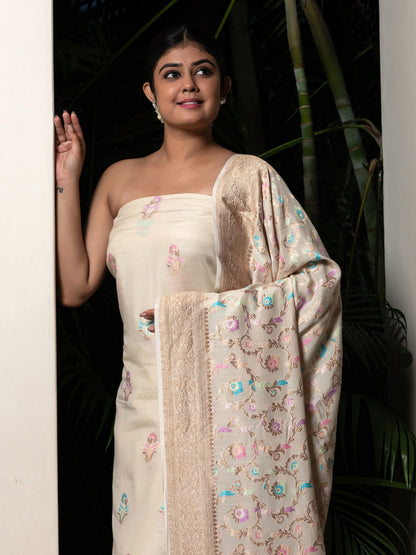 Tilfi Butti Hand Weaved Suit Fabric Along With Meenakari Jaal, Dupatta Nd Bottom Off White