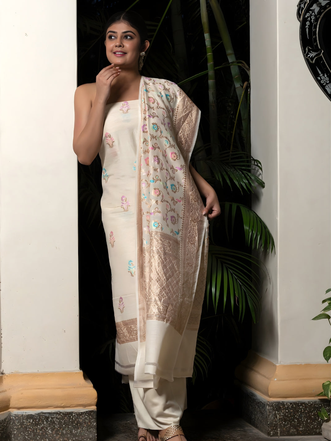 Tilfi Butti Hand Weaved Suit Fabric Along With Meenakari Jaal, Dupatta Nd Bottom Off White