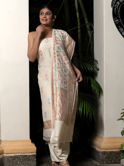 Tilfi Butti Hand Weaved Suit Fabric Along With Meenakari Jaal, Dupatta Nd Bottom Off White