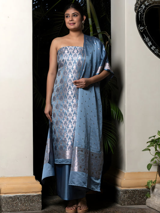 Banarasi Rangkaat Weaving Suit Fabric In Mashru Silk Fabric Along With Duppata And Bottom Blue