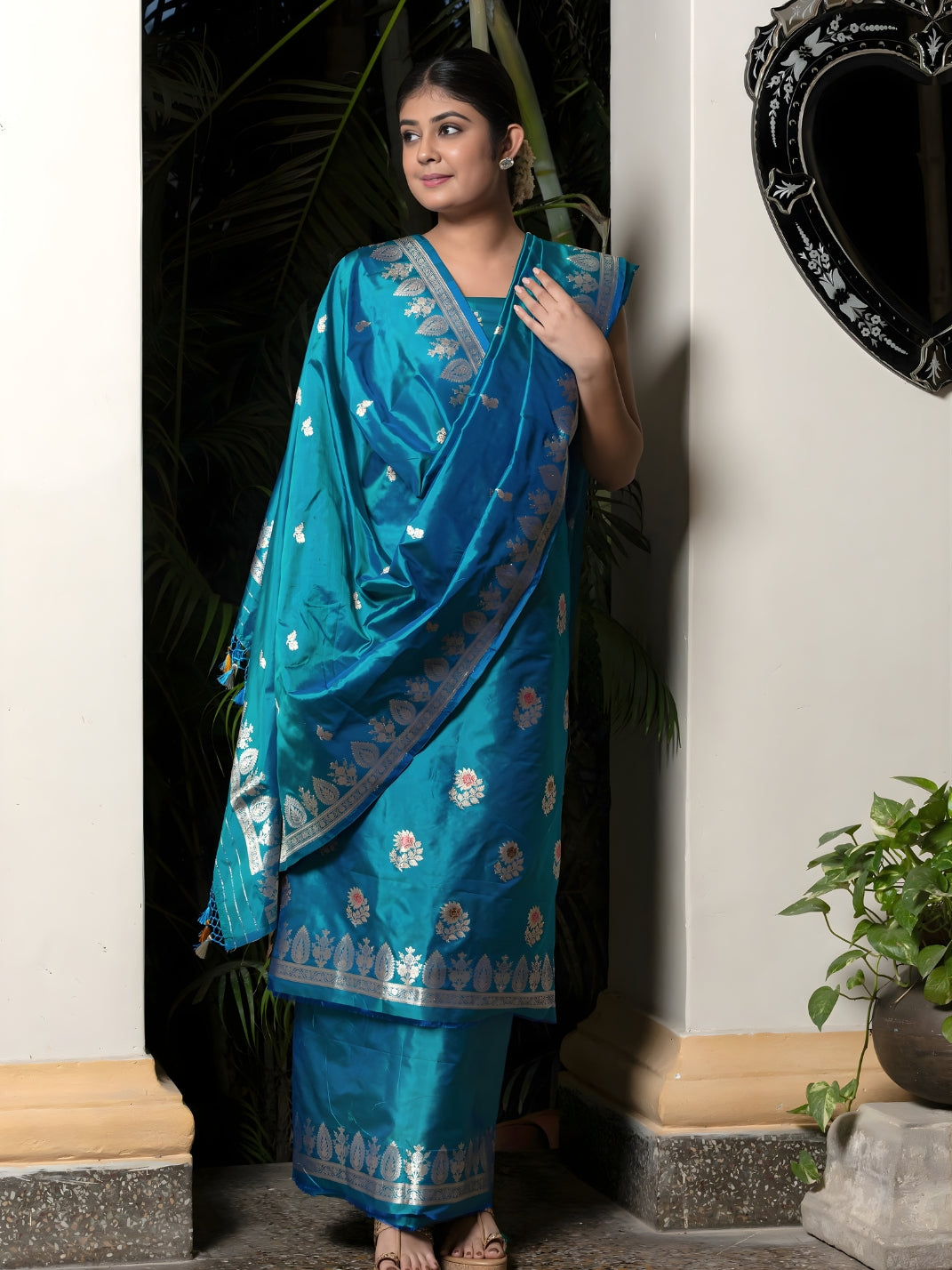 Tilfi Butti Kadhuwa Hand Weaved Suit Fabric In Pure Katan Silk With Dupatta And Bottom Blue