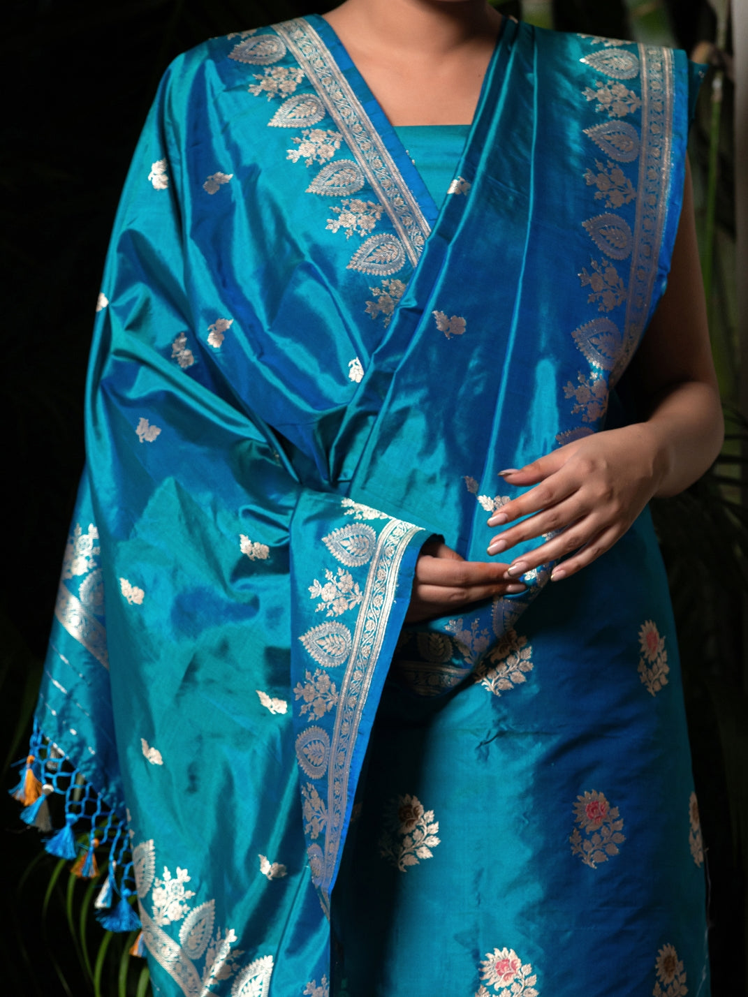 Tilfi Butti Kadhuwa Hand Weaved Suit Fabric In Pure Katan Silk With Dupatta And Bottom Blue