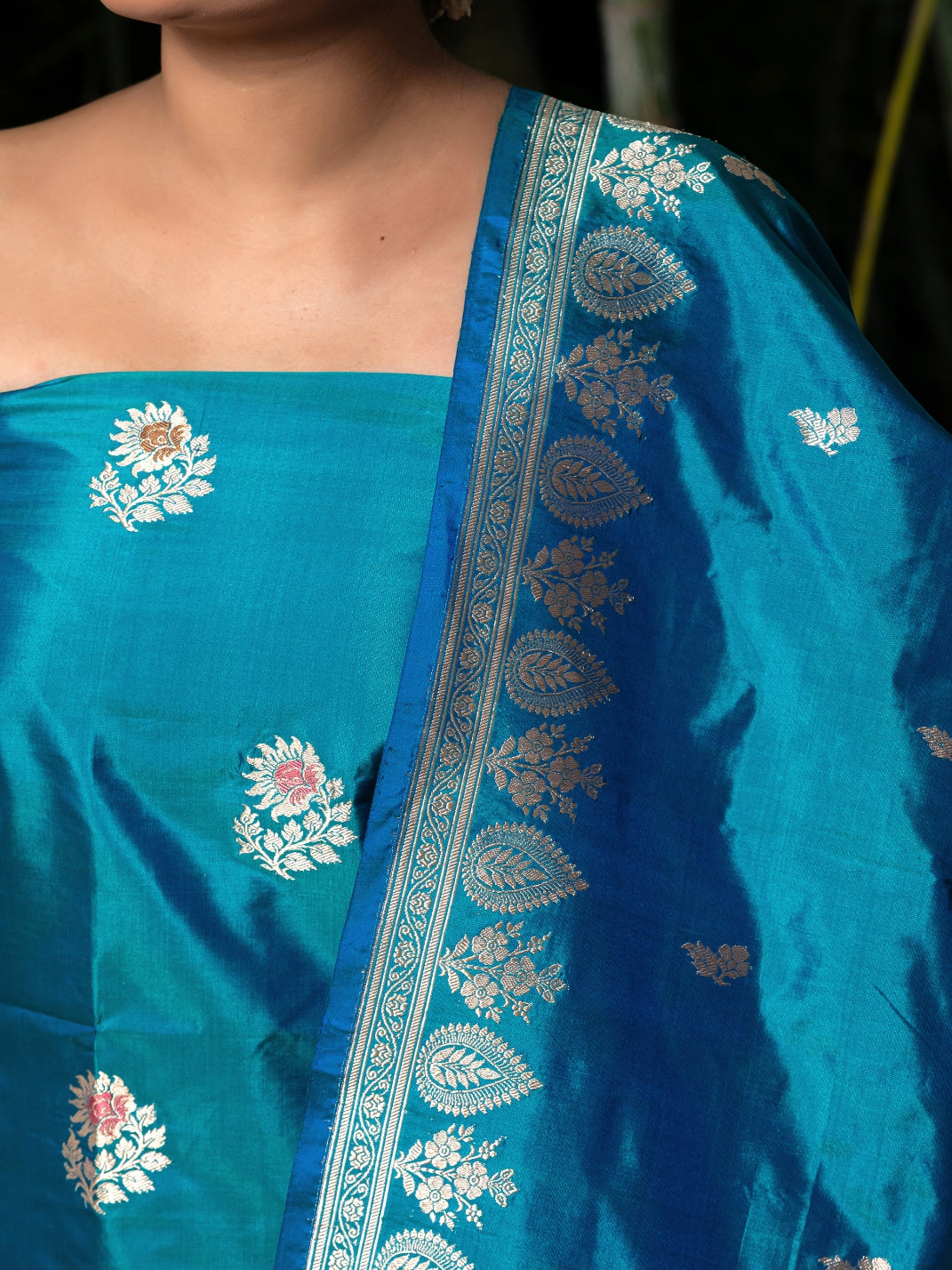 Tilfi Butti Kadhuwa Hand Weaved Suit Fabric In Pure Katan Silk With Dupatta And Bottom Blue