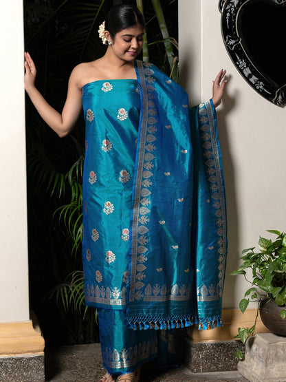 Tilfi Butti Kadhuwa Hand Weaved Suit Fabric In Pure Katan Silk With Dupatta And Bottom Blue