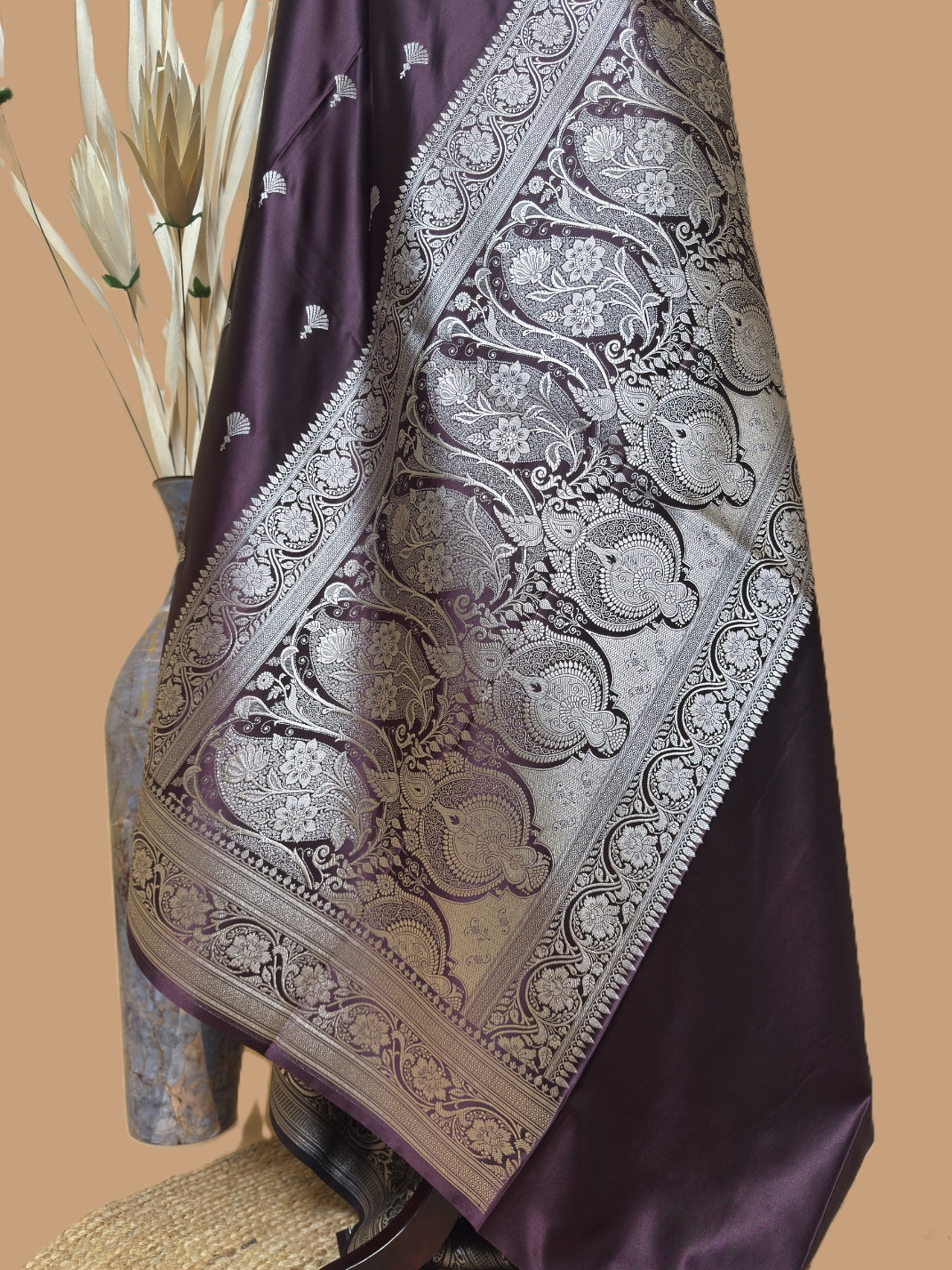 Traditional Banarasi Fountain Butti Weaving On Soft Mashru Silk Saree - Purple