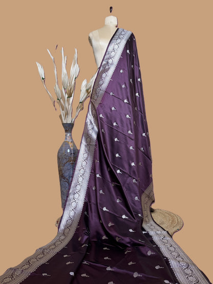 Traditional Banarasi Fountain Butti Weaving On Soft Mashru Silk Saree - Purple