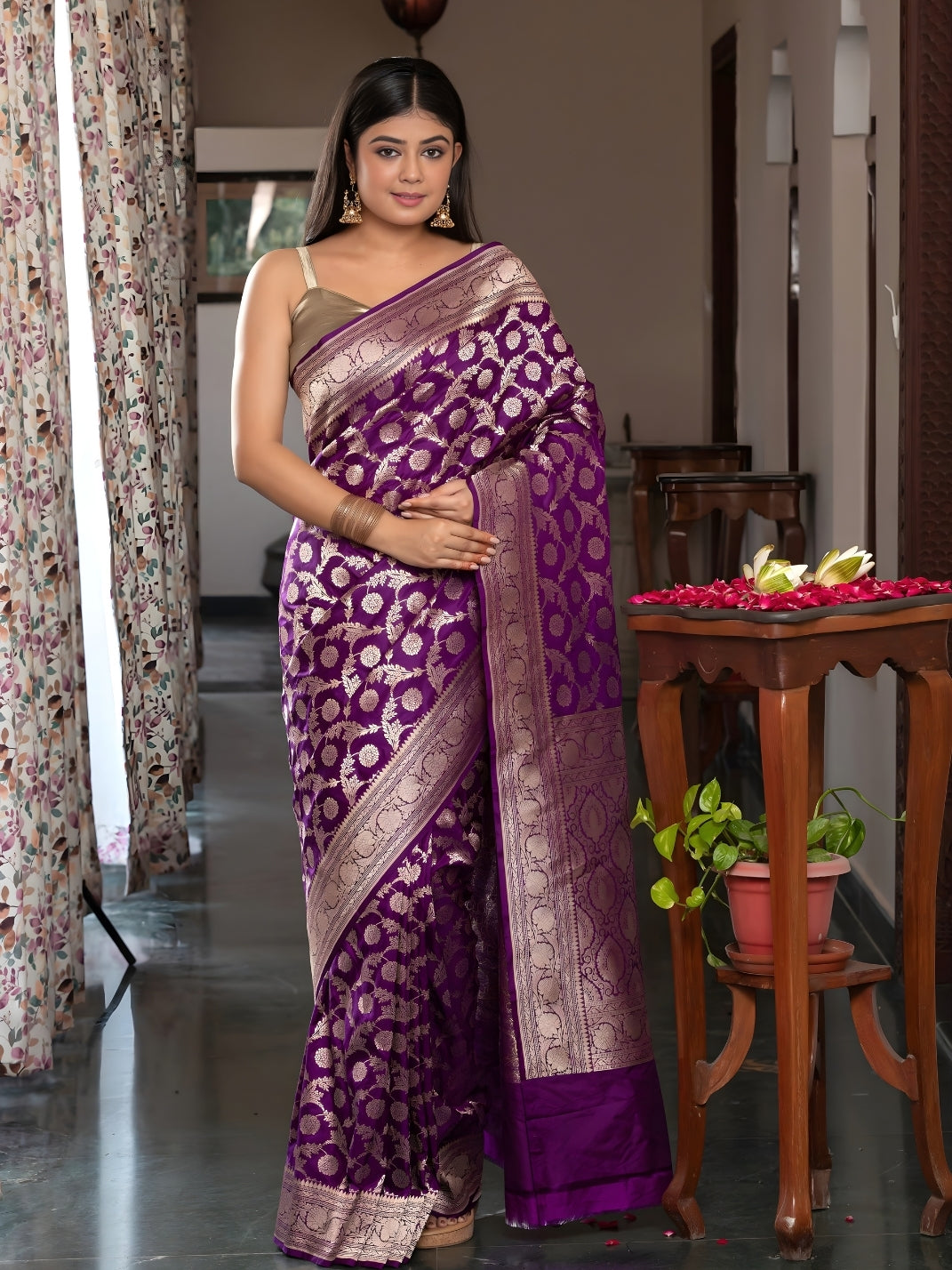 Handloom Banarasi Upada Jaal Weaving In Pure Katan Silk Fabric Purple