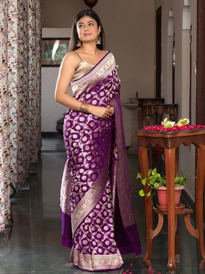 Handloom Banarasi Upada Jaal Weaving In Pure Katan Silk Fabric Purple