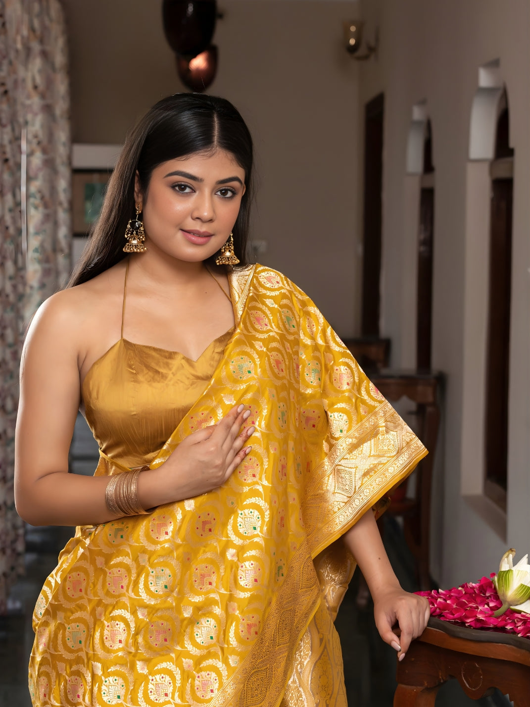 Handloom Banarasi Meenakari Jaal In Pure Katan Silk-Yellow