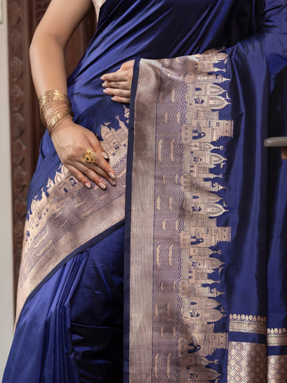 Handloom Banarasi Ghaat Border In Pure Katan Silk Blue