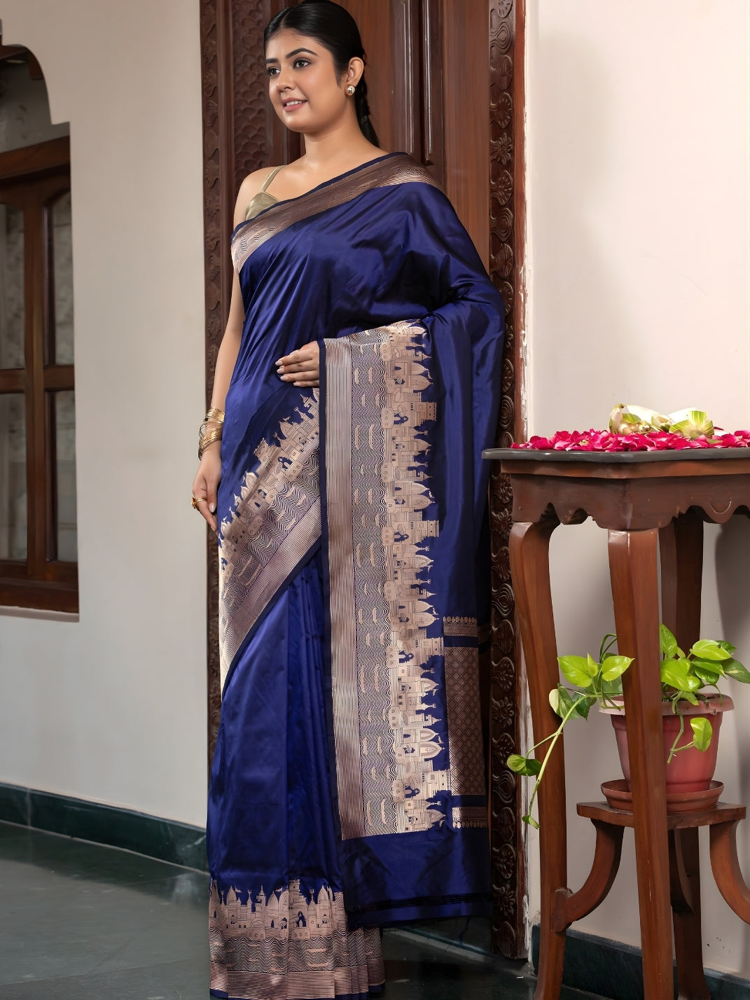 Handloom Banarasi Ghaat Border In Pure Katan Silk Blue