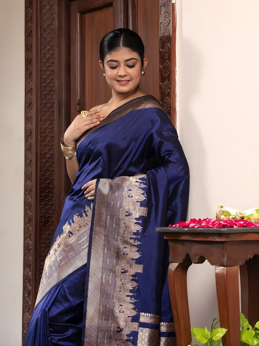 Handloom Banarasi Ghaat Border In Pure Katan Silk Blue