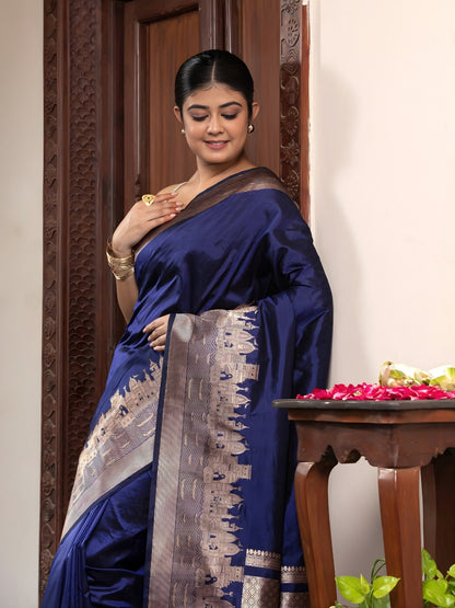 Handloom Banarasi Ghaat Border In Pure Katan Silk Blue