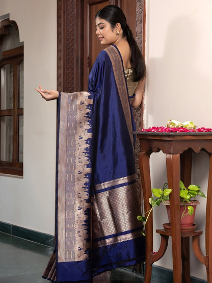 Handloom Banarasi Ghaat Border In Pure Katan Silk Blue