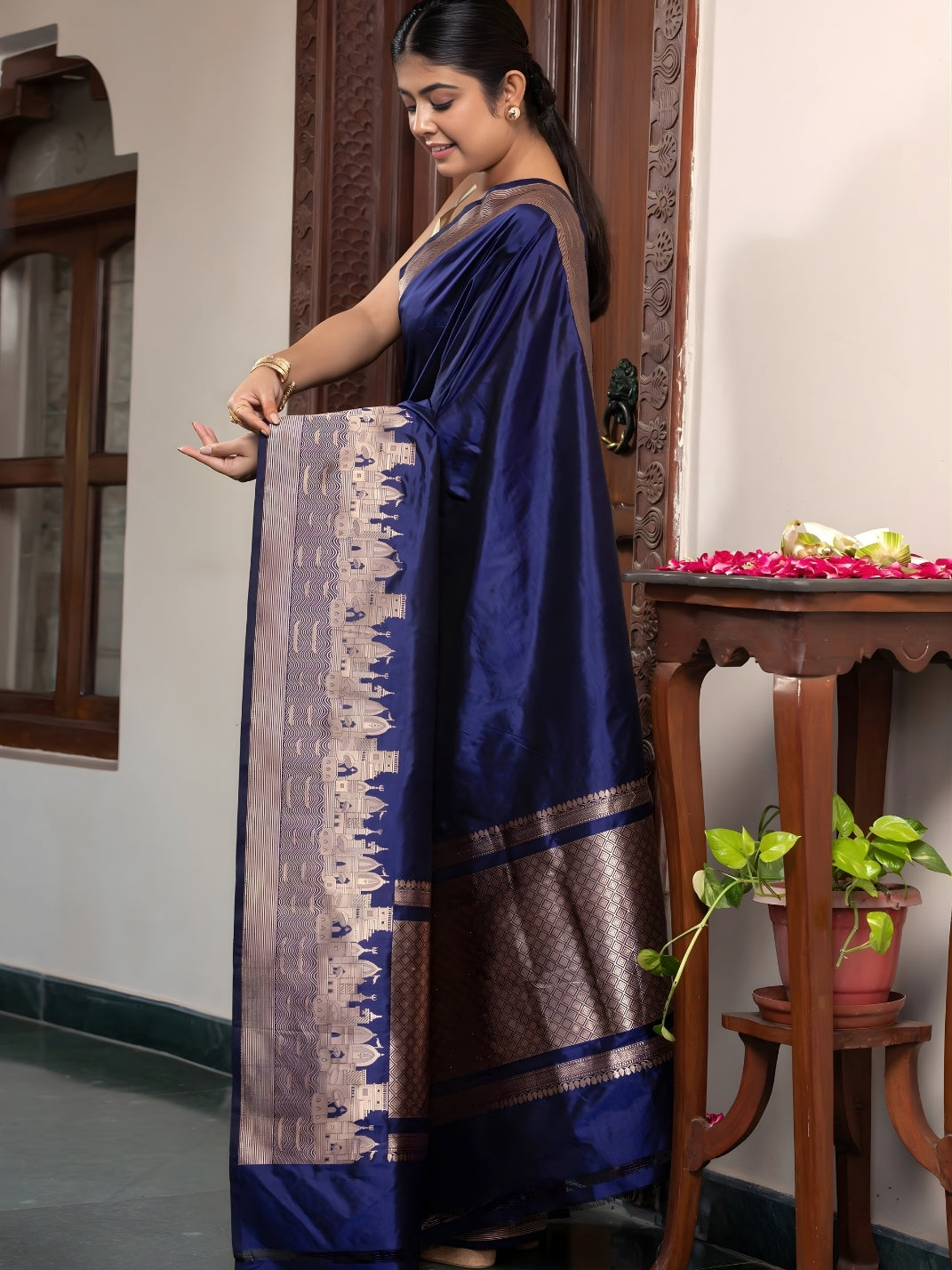Handloom Banarasi Ghaat Border In Pure Katan Silk Blue
