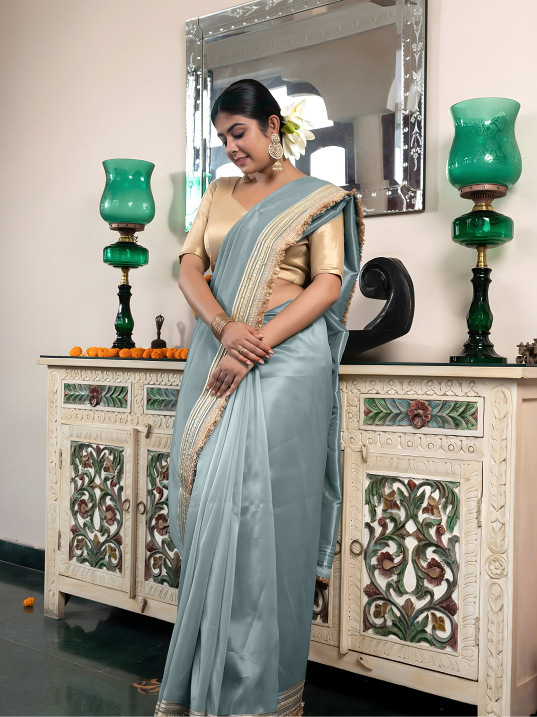 Banarasi Tissue With Maharani Style Hand Work Border Green