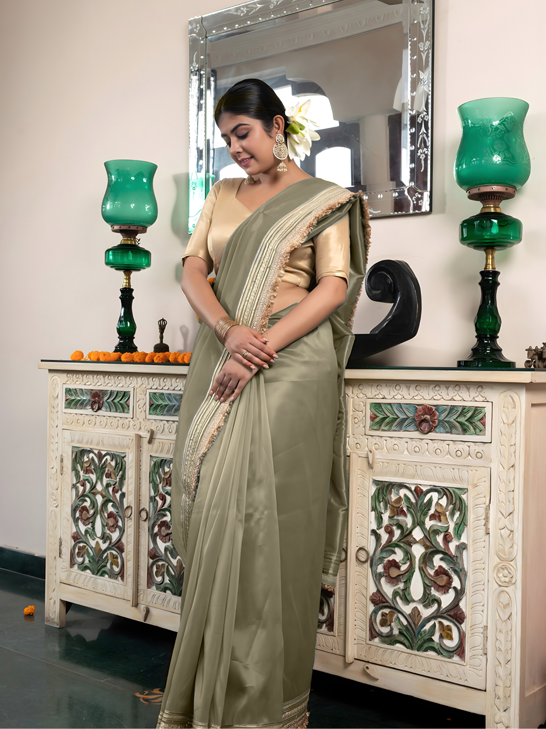 Banarasi Tissue With Maharani Style Hand Work Border Green