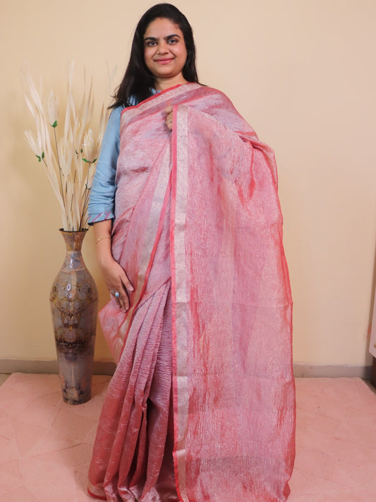 Crush Tissue With Thin Banarasi Border - Red