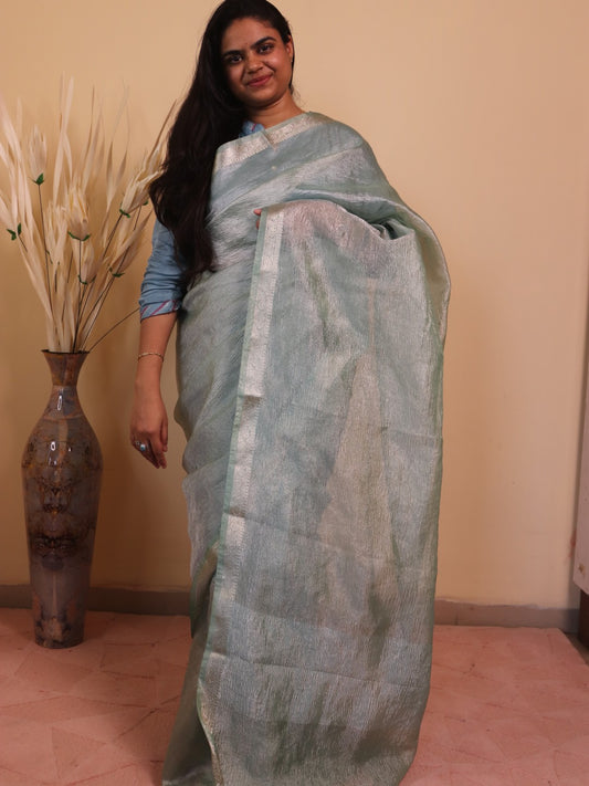 Crush Tissue With Thin Banarasi Border - Blue