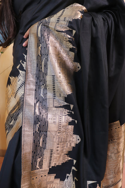 Banarasi Silk Weaved In Ghaat Border - Black