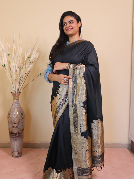 Banarasi Silk With Ghaat Border - Black