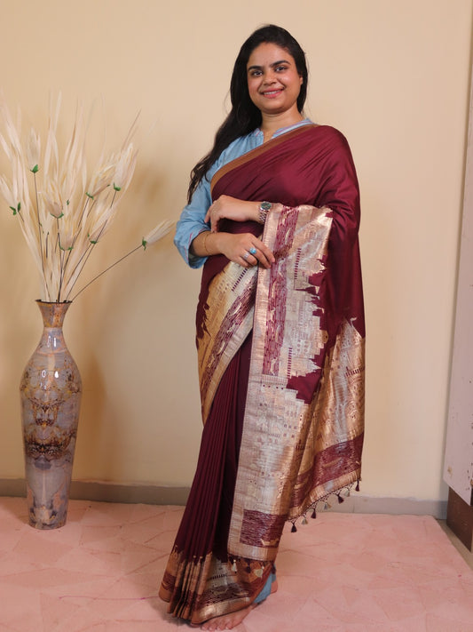 Banarasi Silk With Ghaat Border - Brown