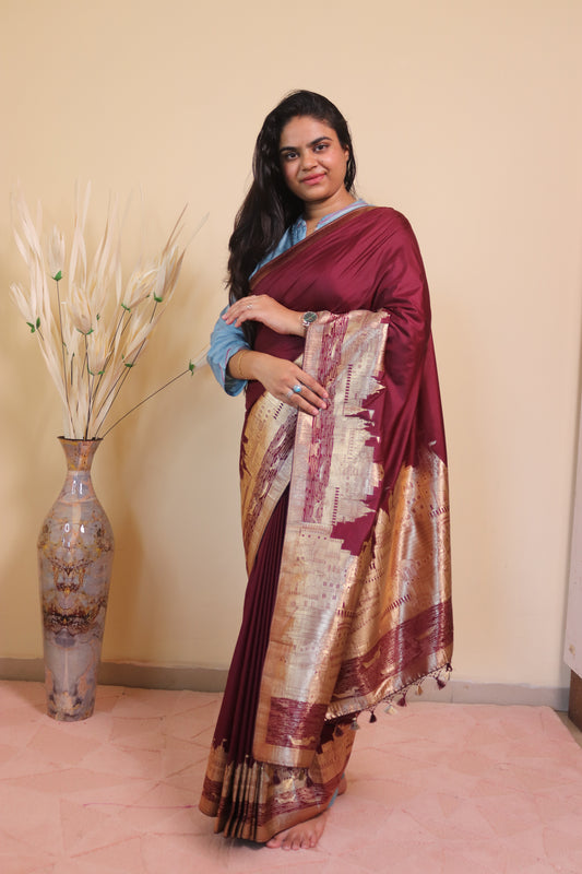 Banarasi Silk Weaved In Ghaat Border - Brown
