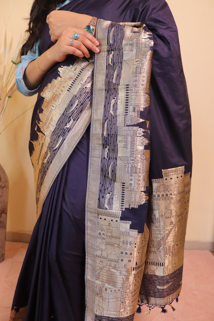 Banarasi Silk Weaved In Ghaat Border - Blue