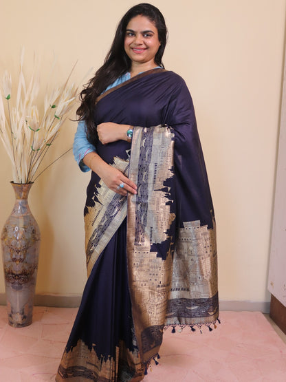 Banarasi Silk With Ghaat Border -blue
