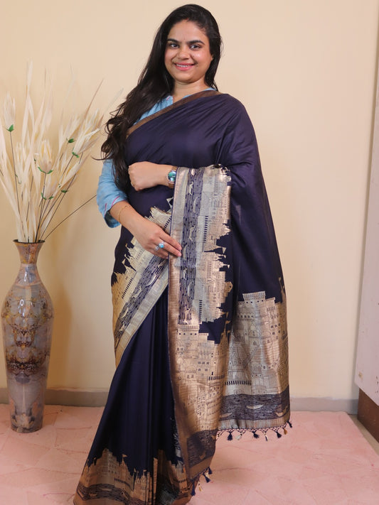 Banarasi Silk With Ghaat Border -blue